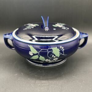 Vtg Hall China Sundial Casserole Dish with Lid - Cobalt Blue Garden Decal